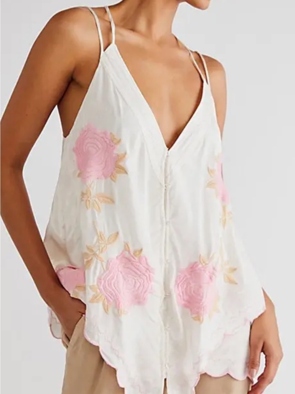 Free People White V-Neck Embroidered Floral Cover-Up in Pink